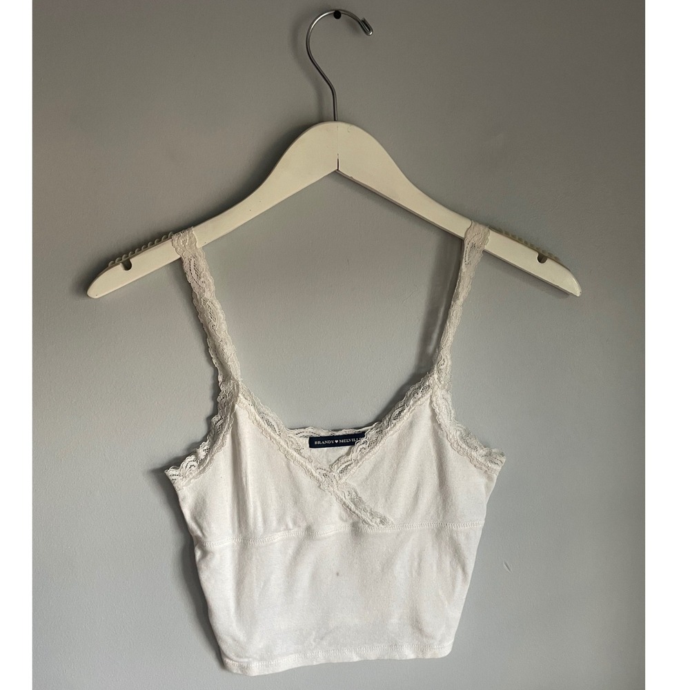 Brandy Melville White Lace Trim Cropped Cami Tank Top V-Neck Ribbed One Size